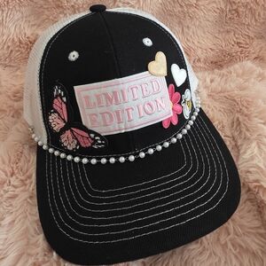 Black and White Cap with Butterfly and Pearl Details